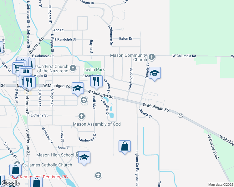 map of restaurants, bars, coffee shops, grocery stores, and more near 725 East Ash Street in Mason