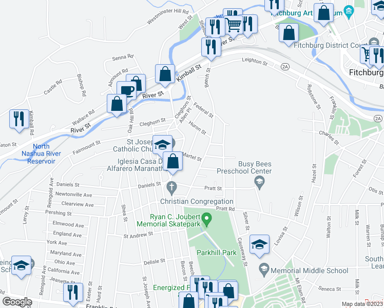 map of restaurants, bars, coffee shops, grocery stores, and more near 126 Daniels Street in Fitchburg