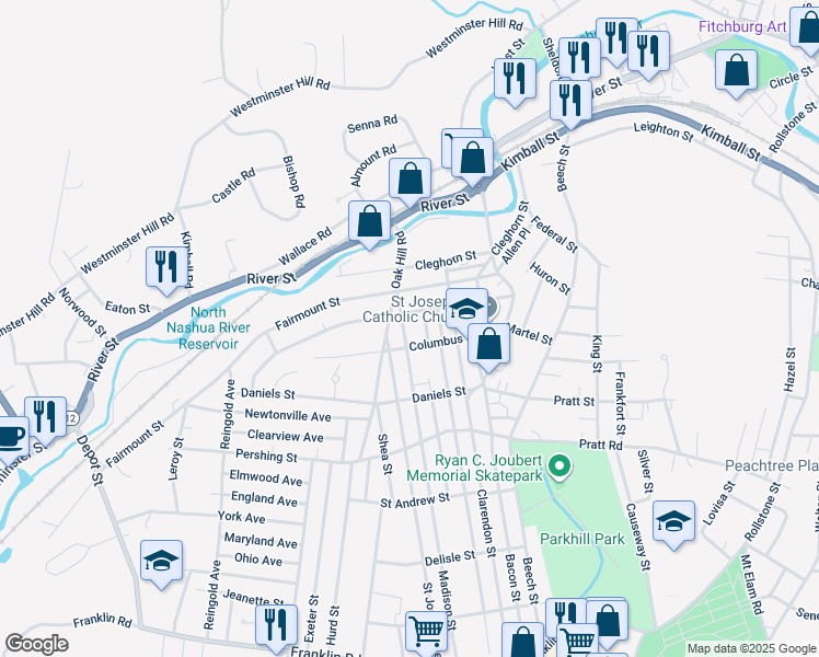 map of restaurants, bars, coffee shops, grocery stores, and more near 104 Plymouth Street in Fitchburg