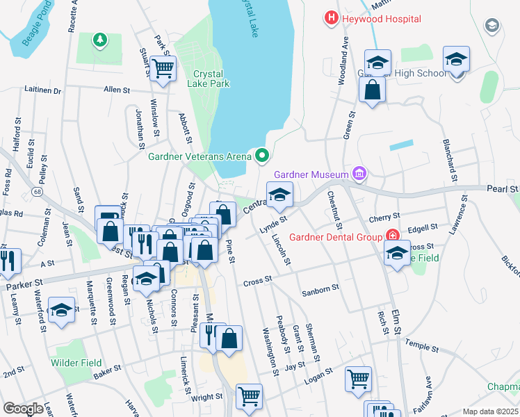 map of restaurants, bars, coffee shops, grocery stores, and more near 117 Central Street in Gardner
