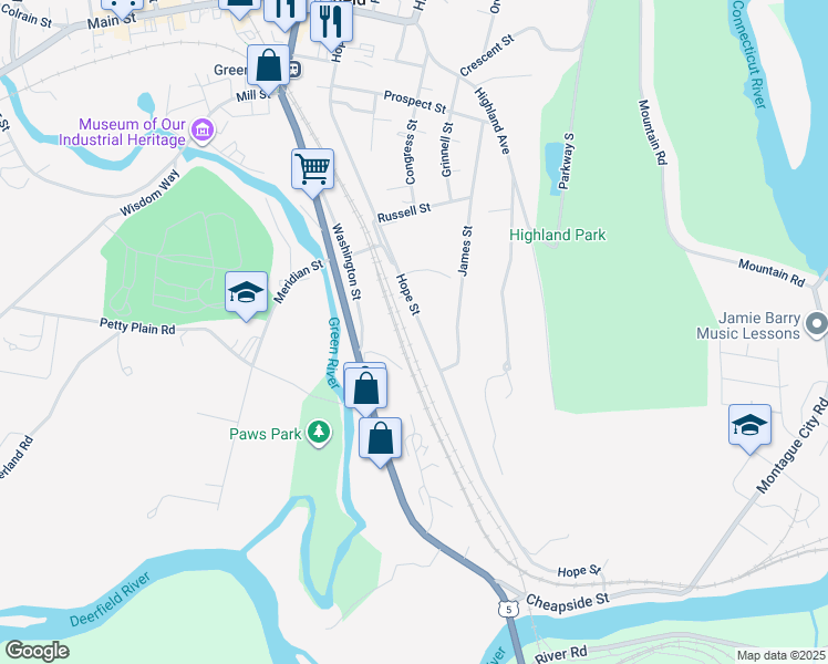 map of restaurants, bars, coffee shops, grocery stores, and more near 195 Hope Street in Greenfield