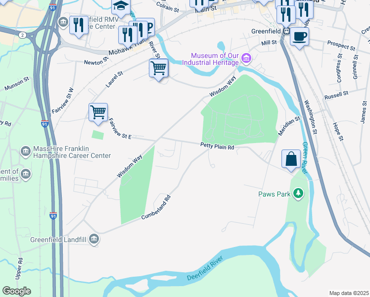 map of restaurants, bars, coffee shops, grocery stores, and more near 158 Petty Plain Road in Greenfield
