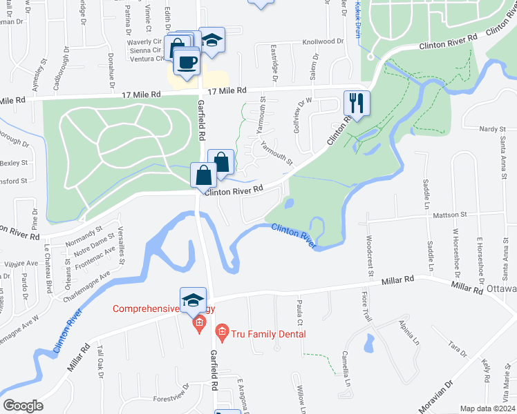 map of restaurants, bars, coffee shops, grocery stores, and more near 17124 Clinton River Road in Clinton Township