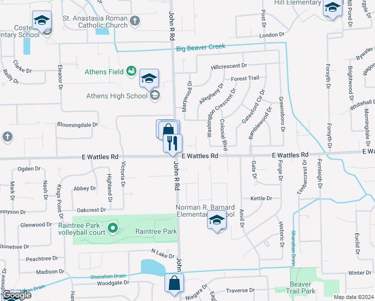 map of restaurants, bars, coffee shops, grocery stores, and more near 2046 Applewood Drive in Troy