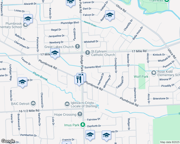 map of restaurants, bars, coffee shops, grocery stores, and more near 11639 Sorrento Boulevard in Sterling Heights