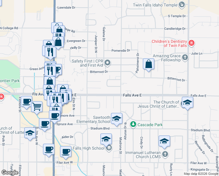 map of restaurants, bars, coffee shops, grocery stores, and more near 1746 Dora Drive South in Twin Falls