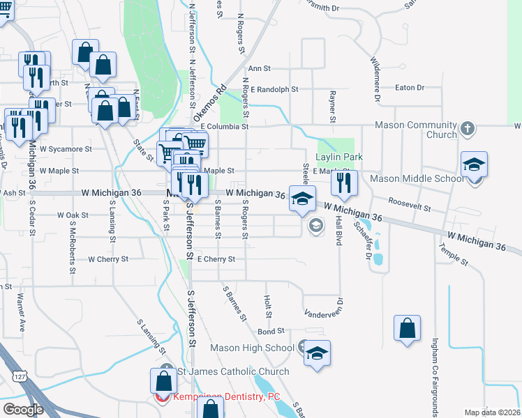 map of restaurants, bars, coffee shops, grocery stores, and more near 405 South Rogers Street in Mason