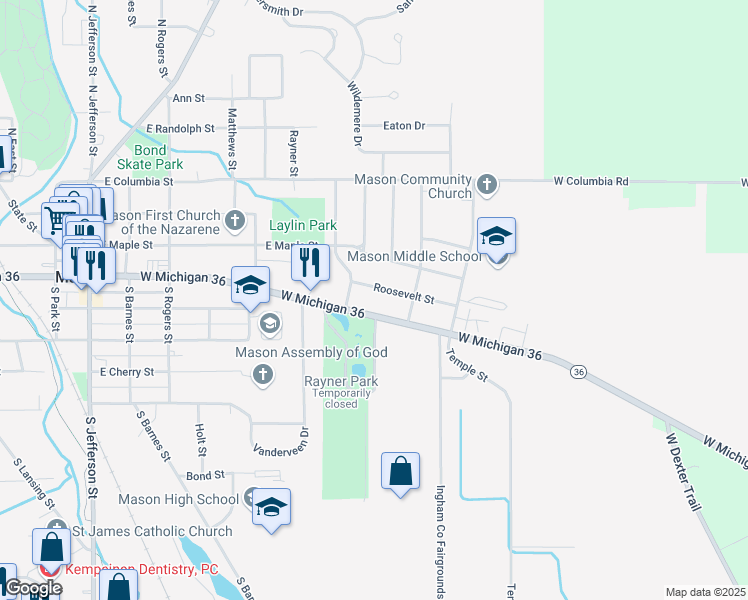 map of restaurants, bars, coffee shops, grocery stores, and more near 725 East Ash Street in Mason
