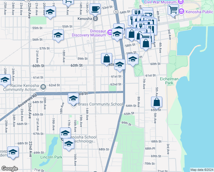 map of restaurants, bars, coffee shops, grocery stores, and more near 6204 11th Avenue in Kenosha