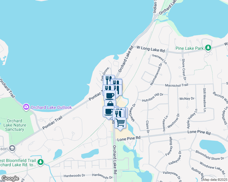 map of restaurants, bars, coffee shops, grocery stores, and more near 4093 Orchard Lake Road in West Bloomfield Township