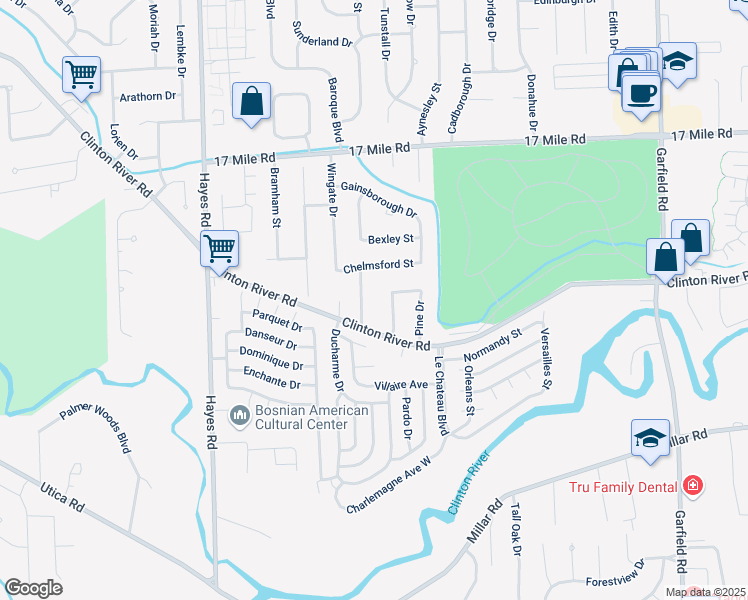 map of restaurants, bars, coffee shops, grocery stores, and more near 15901 Cherry Drive in Clinton Township