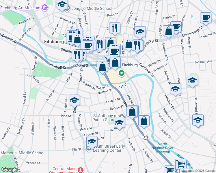 map of restaurants, bars, coffee shops, grocery stores, and more near 18 Walnut Street in Fitchburg