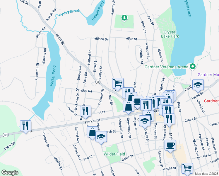 map of restaurants, bars, coffee shops, grocery stores, and more near 32 Sand Street in Gardner