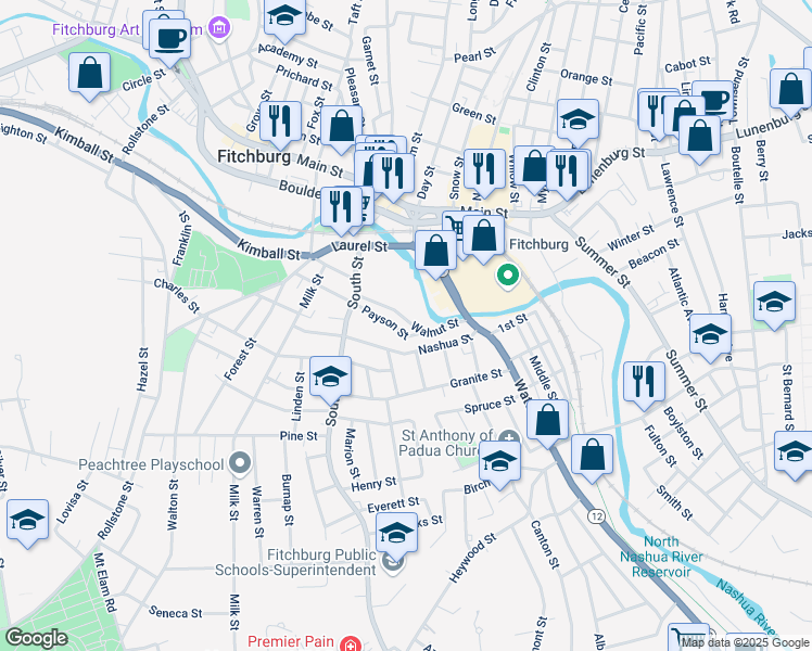map of restaurants, bars, coffee shops, grocery stores, and more near 59 Walnut Street in Fitchburg