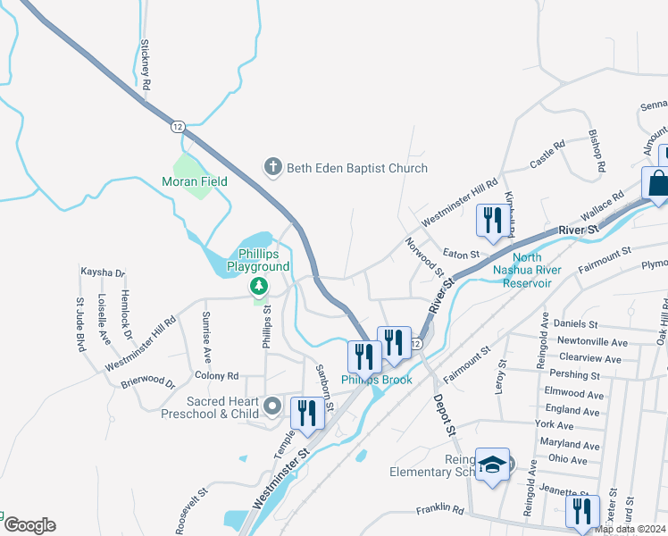 map of restaurants, bars, coffee shops, grocery stores, and more near 240 Ashburnham Street in Fitchburg