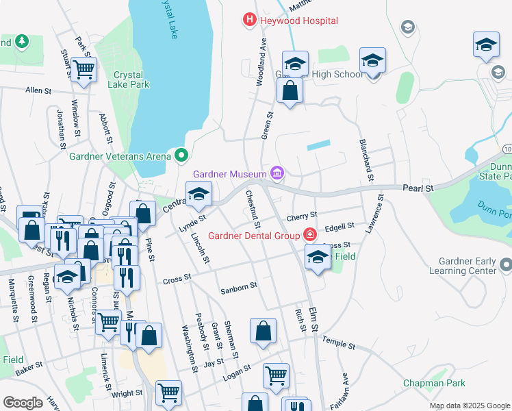 map of restaurants, bars, coffee shops, grocery stores, and more near 26 Chestnut Street in Gardner