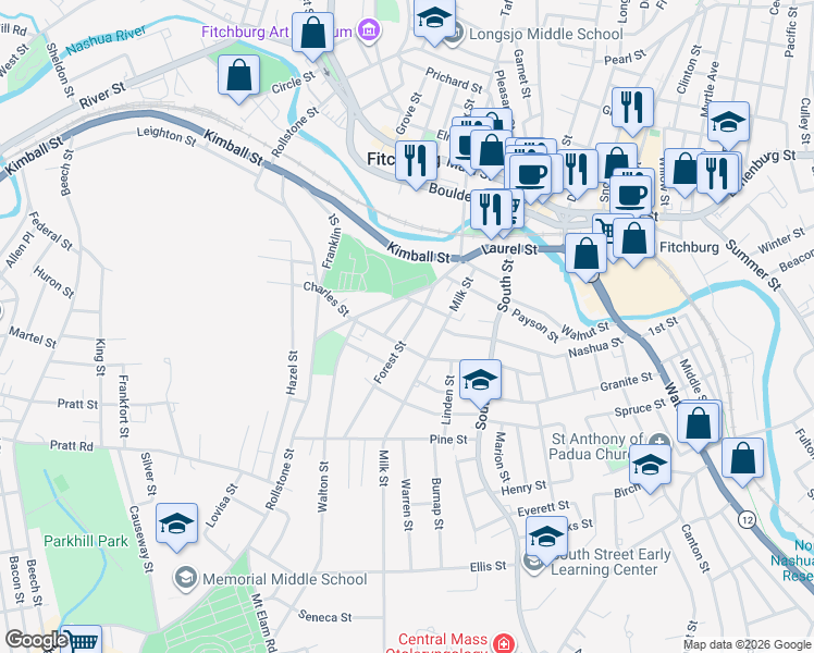 map of restaurants, bars, coffee shops, grocery stores, and more near 17 Forest Street in Fitchburg
