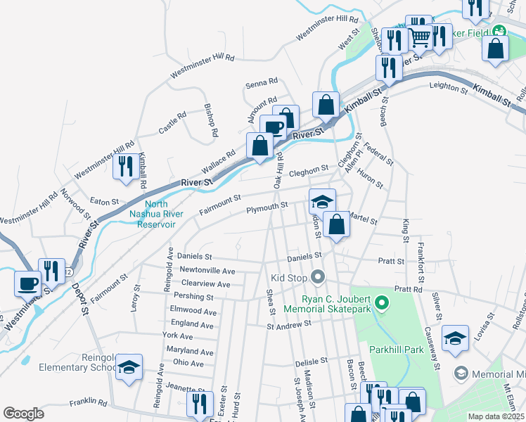 map of restaurants, bars, coffee shops, grocery stores, and more near 149 Plymouth Street in Fitchburg
