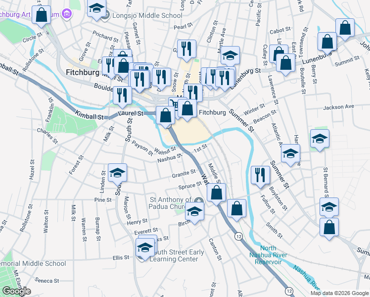 map of restaurants, bars, coffee shops, grocery stores, and more near 162 Water Street in Fitchburg