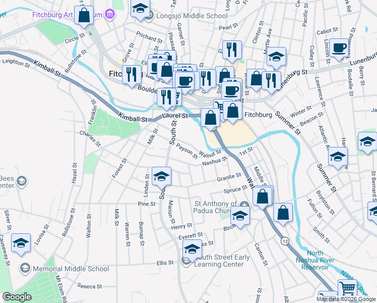 map of restaurants, bars, coffee shops, grocery stores, and more near 78 Walnut Street in Fitchburg