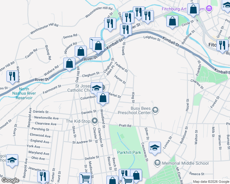 map of restaurants, bars, coffee shops, grocery stores, and more near 126 Daniels Street in Fitchburg