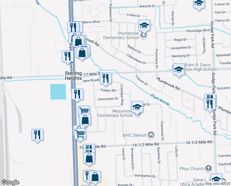 map of restaurants, bars, coffee shops, grocery stores, and more near 8429 Tinkler Road in Sterling Heights