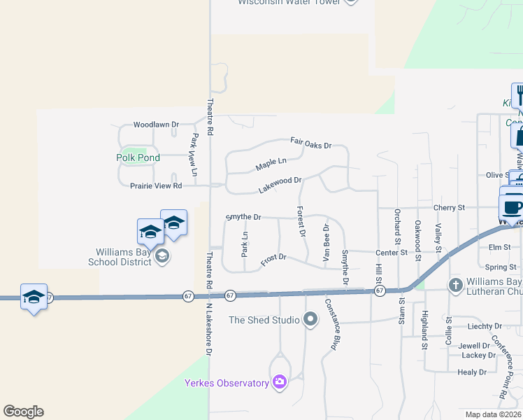 map of restaurants, bars, coffee shops, grocery stores, and more near 411 Pine Grove Circle in Williams Bay