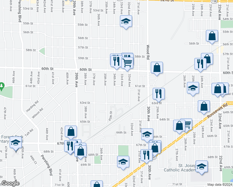 map of restaurants, bars, coffee shops, grocery stores, and more near 6205 34th Avenue in Kenosha