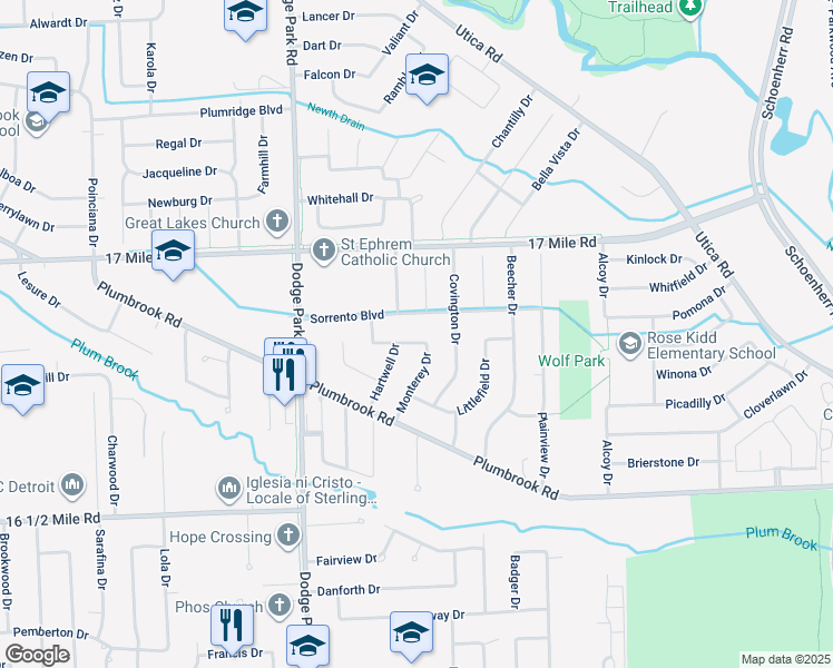 map of restaurants, bars, coffee shops, grocery stores, and more near 12122 Sorrento Boulevard in Sterling Heights