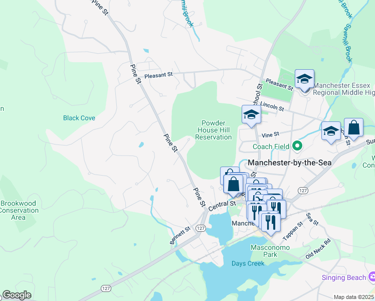 map of restaurants, bars, coffee shops, grocery stores, and more near in Manchester-by-the-Sea