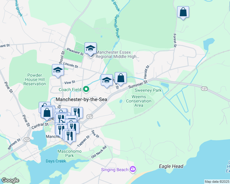 map of restaurants, bars, coffee shops, grocery stores, and more near 70 Lincoln Street in Manchester-by-the-Sea