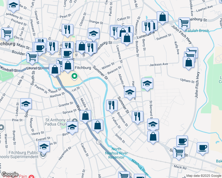 map of restaurants, bars, coffee shops, grocery stores, and more near 85 Summer Street in Fitchburg