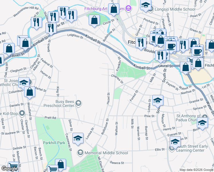 map of restaurants, bars, coffee shops, grocery stores, and more near 54 Hazel Street in Fitchburg