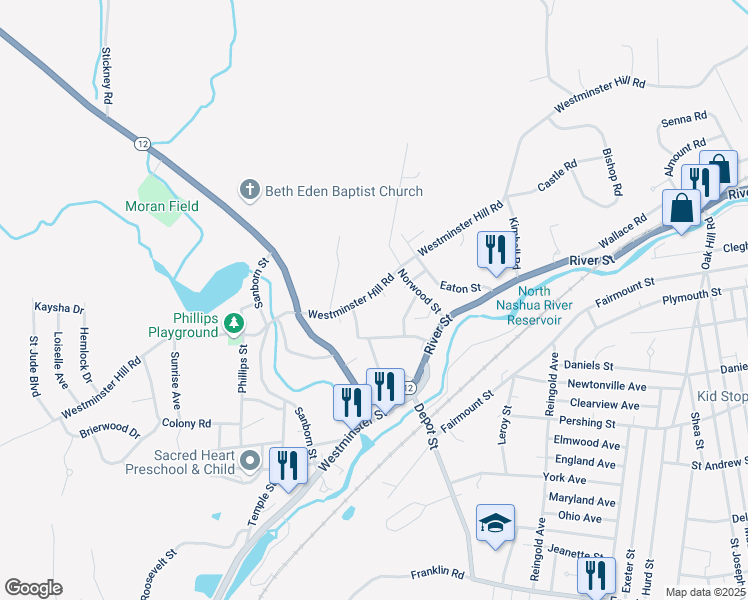 map of restaurants, bars, coffee shops, grocery stores, and more near 668 Westminster Hill Road in Fitchburg