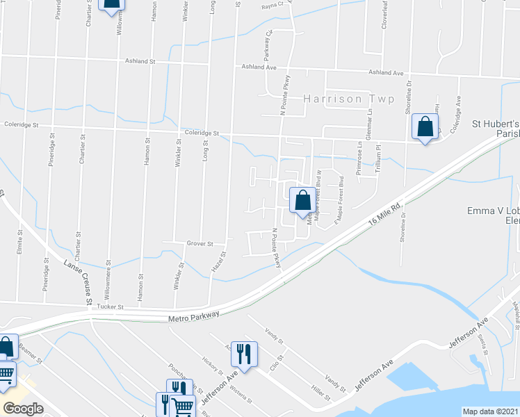 map of restaurants, bars, coffee shops, grocery stores, and more near 27643 Nicolle Drive in Harrison Township