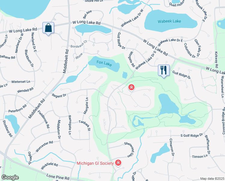 map of restaurants, bars, coffee shops, grocery stores, and more near 4104 Wabeek Lake Drive South in Bloomfield Hills