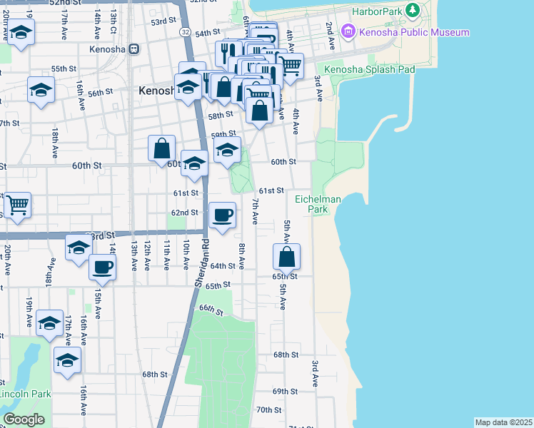 map of restaurants, bars, coffee shops, grocery stores, and more near 519 61st Street in Kenosha