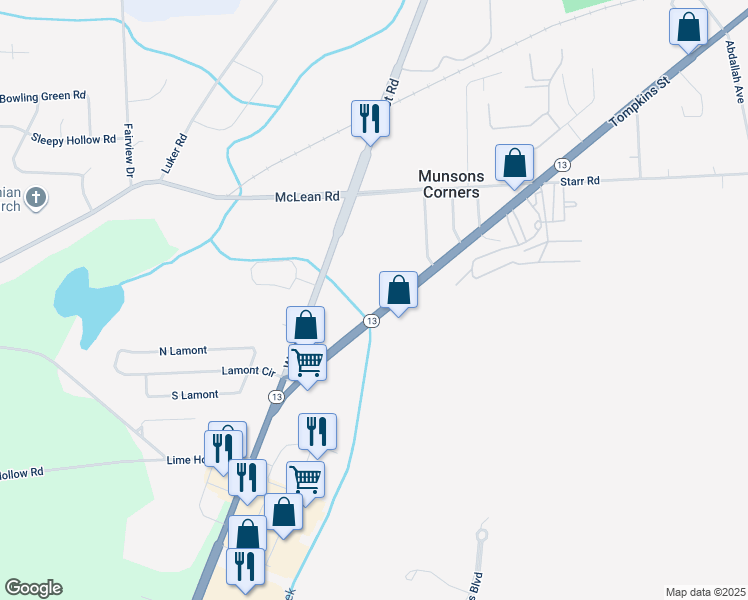 map of restaurants, bars, coffee shops, grocery stores, and more near 981 New York 13 in Cortland