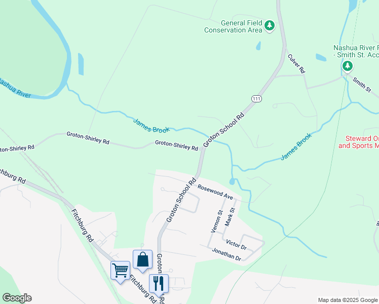 map of restaurants, bars, coffee shops, grocery stores, and more near 6 Groton-Shirley Road in Ayer