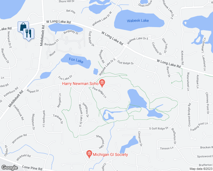 map of restaurants, bars, coffee shops, grocery stores, and more near 1894 Pine Ridge Court in Bloomfield Hills