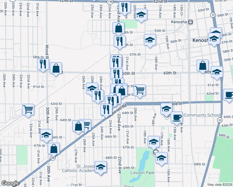 map of restaurants, bars, coffee shops, grocery stores, and more near 6110 22nd Avenue in Kenosha