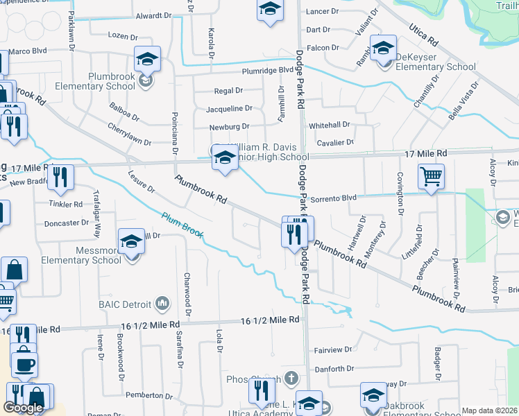 map of restaurants, bars, coffee shops, grocery stores, and more near 11425 Plumbrook Road in Sterling Heights