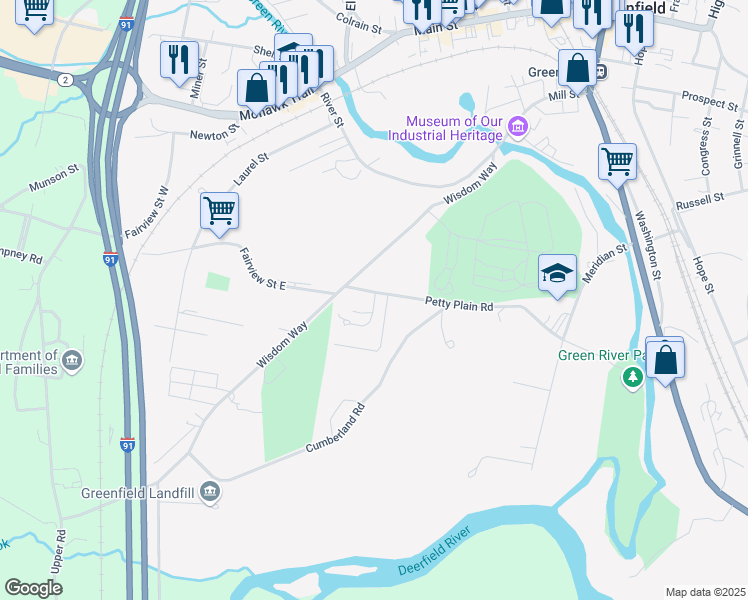 map of restaurants, bars, coffee shops, grocery stores, and more near 16 Solar Way in Greenfield