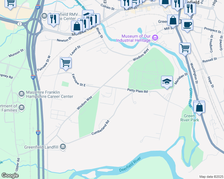 map of restaurants, bars, coffee shops, grocery stores, and more near 16 Solar Way in Greenfield
