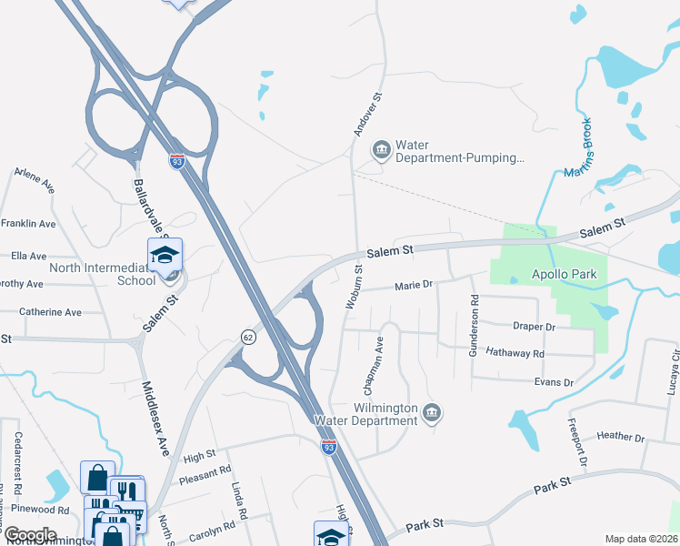 map of restaurants, bars, coffee shops, grocery stores, and more near 411 Salem Street in Wilmington