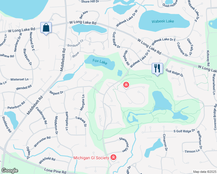 map of restaurants, bars, coffee shops, grocery stores, and more near 4126 Wabeek Lake Drive South in Bloomfield Hills