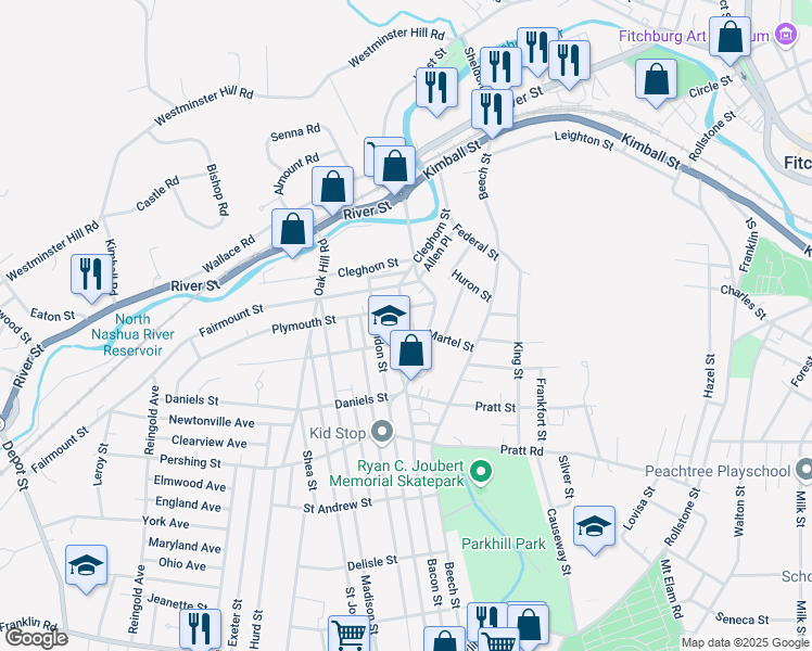 map of restaurants, bars, coffee shops, grocery stores, and more near 49 Woodland Street in Fitchburg