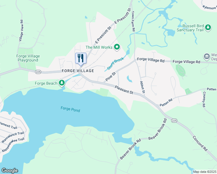 map of restaurants, bars, coffee shops, grocery stores, and more near 41 Massachusetts 225 in Westford