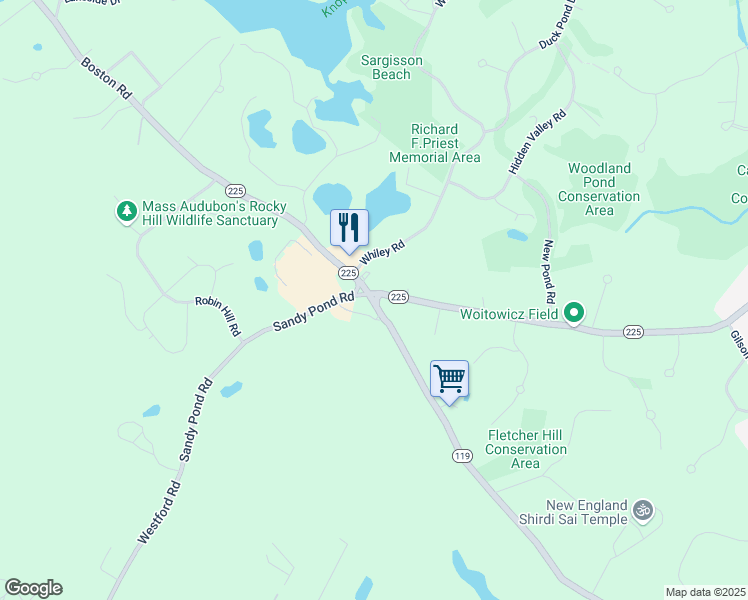 map of restaurants, bars, coffee shops, grocery stores, and more near 1 Massachusetts 225 in Groton
