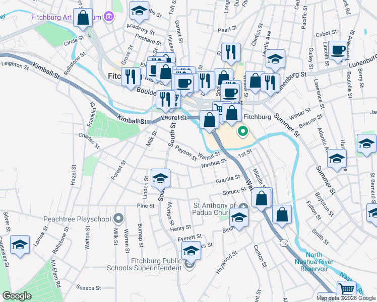 map of restaurants, bars, coffee shops, grocery stores, and more near 78 Walnut Street in Fitchburg